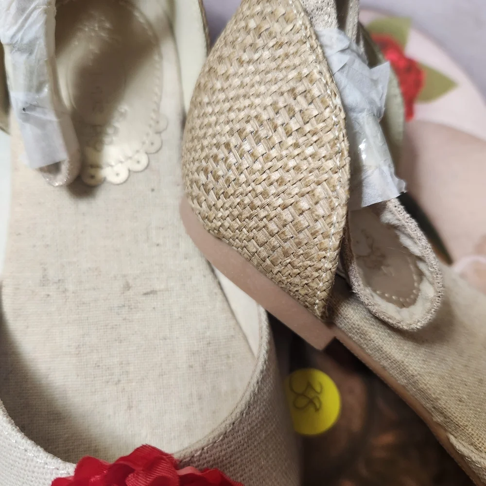 Joyfolie Little Girl's Beige Dress Shoes w/ Red Floral Accent, Size T13, NIB